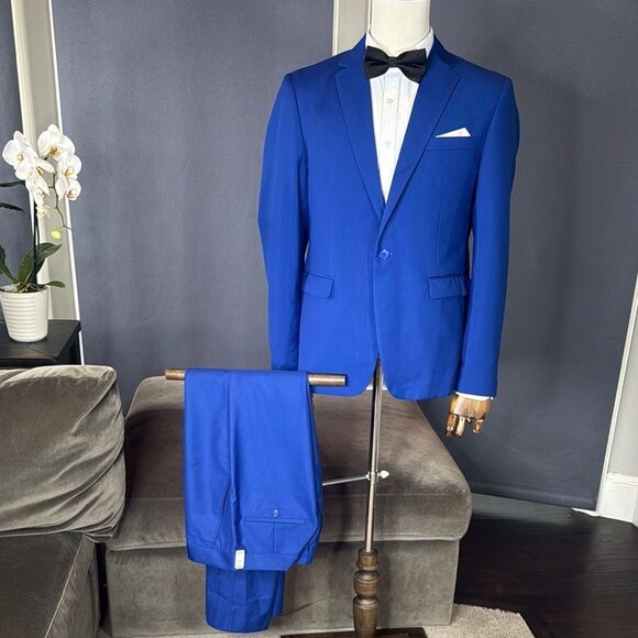 Men’s Blue 2 Piece Slim Fit Suit One Button Notched Lapel 38 Jacket 34 Pants NWT - Picture 1 of 14